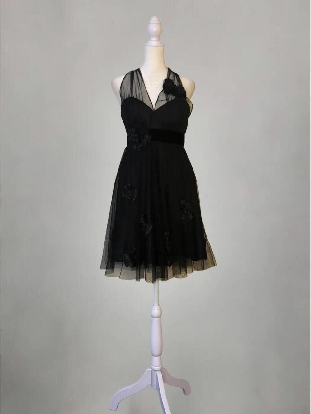 BCBG Black Retro 60s Mesh Halter Tulle Sweetheart Midi Dress